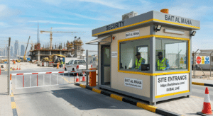 Security and guard porta cabin at Dubai construction site entrance — access control command post