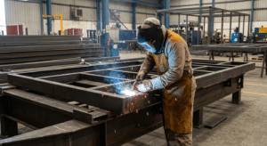 Steel chassis fabrication for porta cabin manufacturing - MIG welding at Bait Al Maha factory, UAE