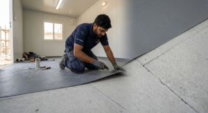 Two-layer porta cabin floor installation - fibre cement board and PVC vinyl finish, UAE