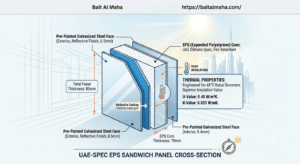 UAE climate-spec porta cabin construction — EPS sandwich panel insulation and reflective roofing for 48°C Dubai summers