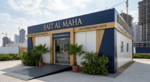VIP developer marketing suite porta cabin in Dubai — branded ACP cladding and premium interior fitout for off-plan property launches