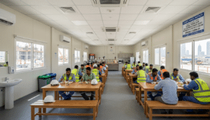 Welfare and dining porta cabin on a Dubai construction site — compliant with UAE midday work ban regulations