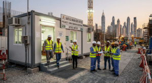 Approved porta cabin in active use on a Dubai project site