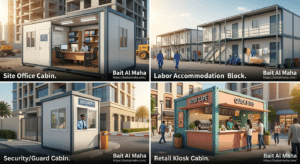 Different types of porta cabins used in Dubai site office, labor accommodation, security cabin, retail kiosk.