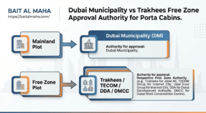 Dubai Municipality vs Trakhees free zone approval authority for porta cabins