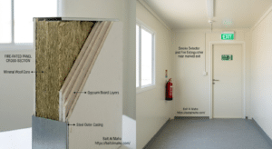 Fire-rated panel and fire safety equipment in a Civil Defence compliant porta cabin