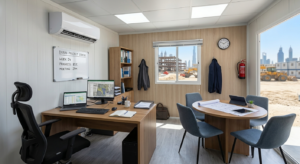 Site office cabin interior, Dubai construction project