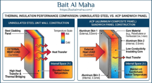 comparing heat transfer in an uninsulated steel unit vs. an ACP sandwich panel unit