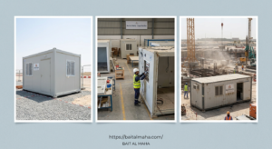 showing a brand-new portacabin, a refurbished unit being inspected at the Sajja facility