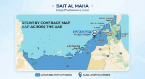showing all seven emirates with delivery coverage highlighted and the Sajja facility marked