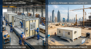showing the factory production floor on one side and an installed portacabin on a Dubai construction site on the other