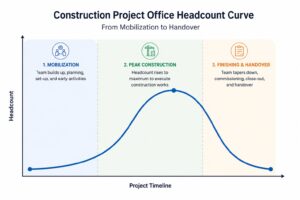 Construction project office headcount curve from mobilization to handover