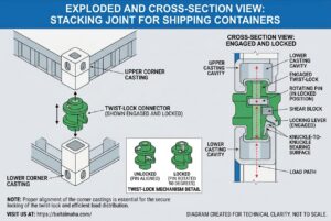 Corner casting and twist-lock connection on a stacked container building