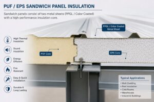 Cross-section or installation photo of PUFEPS sandwich panel insulation