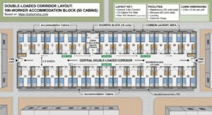 Double-loaded corridor layout for a 100-worker labour accommodation cabin camp