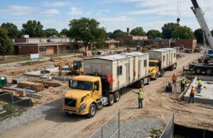 Flatbed trucks carrying completed prefab classroom modules arriving at a school site for installation