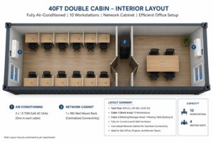 Floor plan or interior layout graphic of the 40ft double cabin scenario (workstations, AC units, network cabinet)