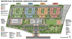 Master plan of a 500-worker labour accommodation cabin camp split into residential zones