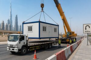 Relocatable site office cabin being moved along a Dubai infrastructure corridor