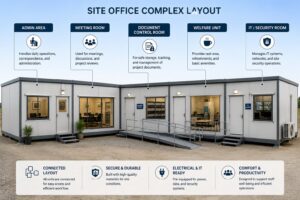 Site office complex layout showing admin, meeting room, document control, welfare, and IT units