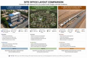 Site office layout comparison compact, distributed, and linear construction sites