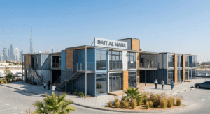 Stacked shipping containers forming a modular commercial building in Dubai