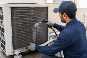 Technician servicingcleaning an AC condenser coil on site