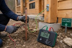 earth rodearthing point being installed or tested on a cabin site