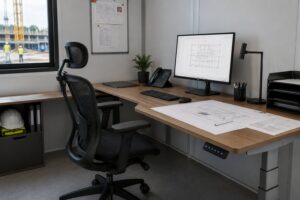 ergonomic desk setup in a site office cabin