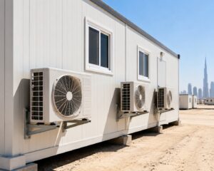 outside a cabin with proper clearance, ideally in direct Dubai sun for context