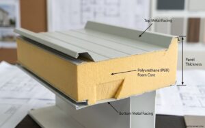 showing the metal facing layers and the foam insulation core between them