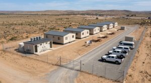 Layout of a 50-worker labour accommodation cabin camp with dormitory row and ablution block