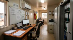 Interior of a furnished site office cabin used for construction management