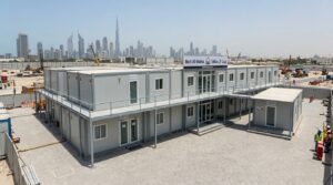 Modular insulated site office cabin complex on a Dubai construction site