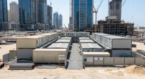 Multiple site office cabins arranged on a large construction site in Dubai
