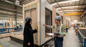 Client and engineer inspecting a module at a sustainable prefab construction factory in the UAE