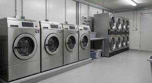Commercial washers and dryers inside a laundry cabin for labour camps ready for daily worker use