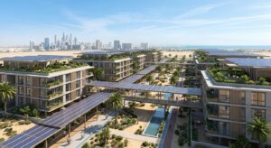 Concept of a net-zero community built with sustainable prefab construction in Dubai with solar roofs