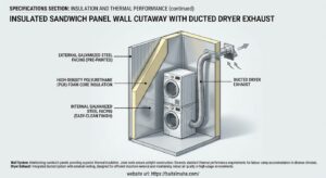 Cutaway of insulated wall panel in a laundry cabin for labour camps with ducted dryer exhaust