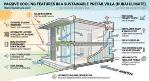 Diagram of passive cooling features in a sustainable prefab villa designed for Dubai's hot climate