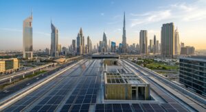 Dubai skyline with rooftop solar panels showing green building goals for sustainable prefab construction