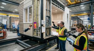 Factory quality inspection of modules, showing quality control among the advantages of prefab buildings