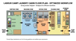 Floor plan of a laundry cabin for labour camps showing sorting, washing, drying, and folding zones