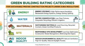 Green building rating categories for sustainable prefab construction projects under Dubai regulations