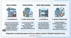 Infographic comparing ways to set up a labour camp in Sharjah Industrial Area