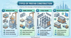Infographic of prefab building types, a key part of the advantages of prefab buildings for Dubai developers