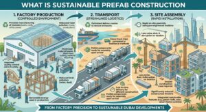 Infographic of the sustainable prefab construction workflow from factory production to Dubai site assembly