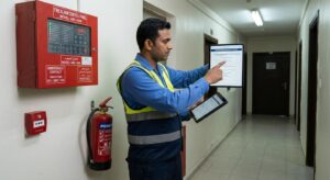 Inspector reviewing a safety checklist at a labour camp in Sharjah Industrial Area