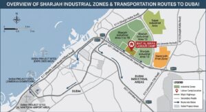Map showing a labour camp in Sharjah Industrial Area and road links to Dubai project sites