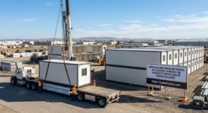 Modular units being relocated on a flatbed, showing the flexibility advantages of prefab buildings